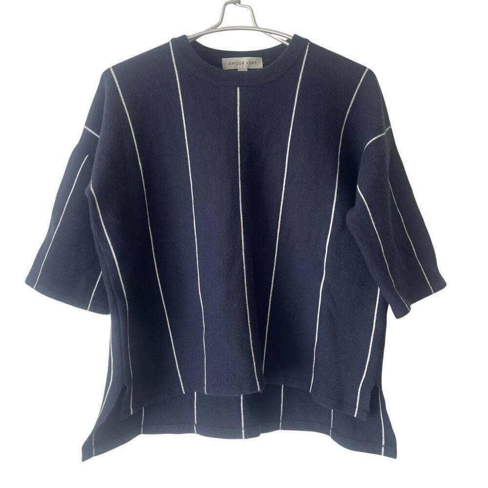 Amour Vert Cropped Sweater Merino Wool Navy Blue and White Stripe SMALL